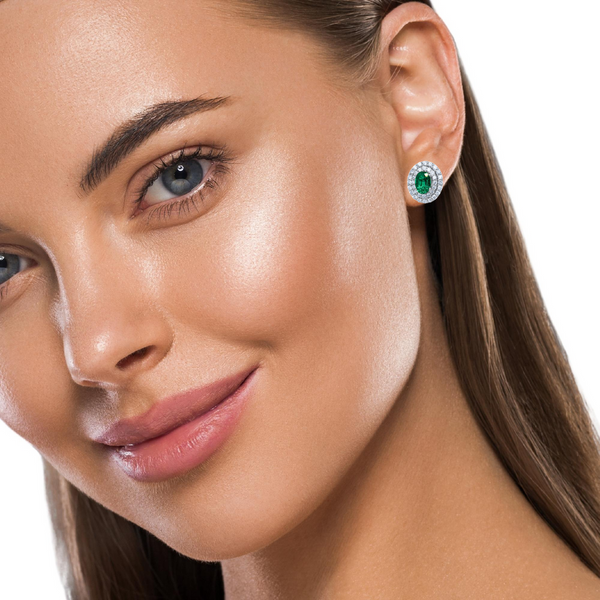 14K White Gold Emerald & Diamond Oval Cut Stud Earrings
