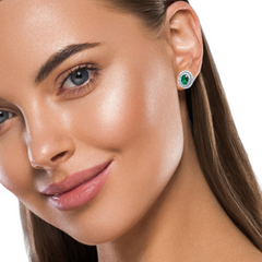 14K White Gold Emerald & Diamond Oval Cut Stud Earrings