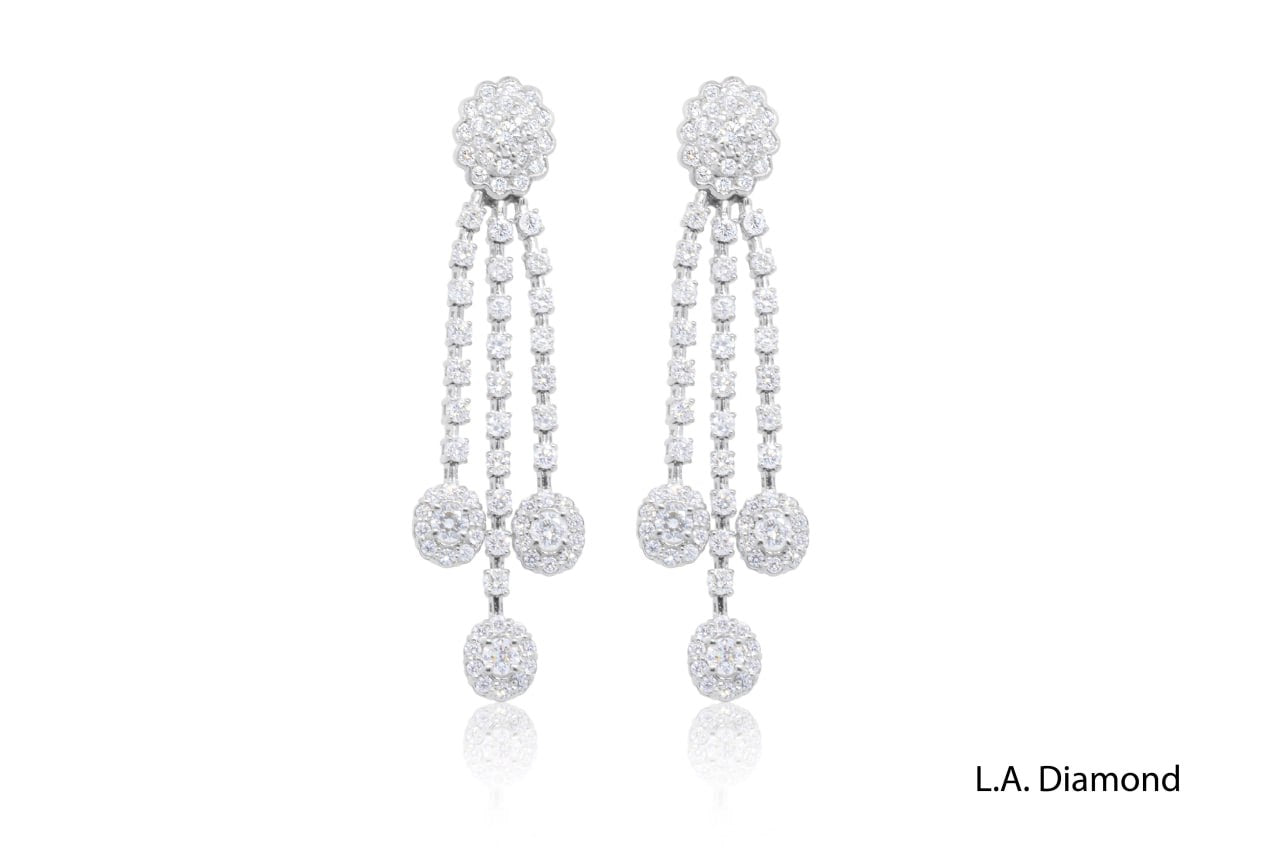 14K White Gold Emerald & Diamond Oval Cut Tassel Dangle Earrings