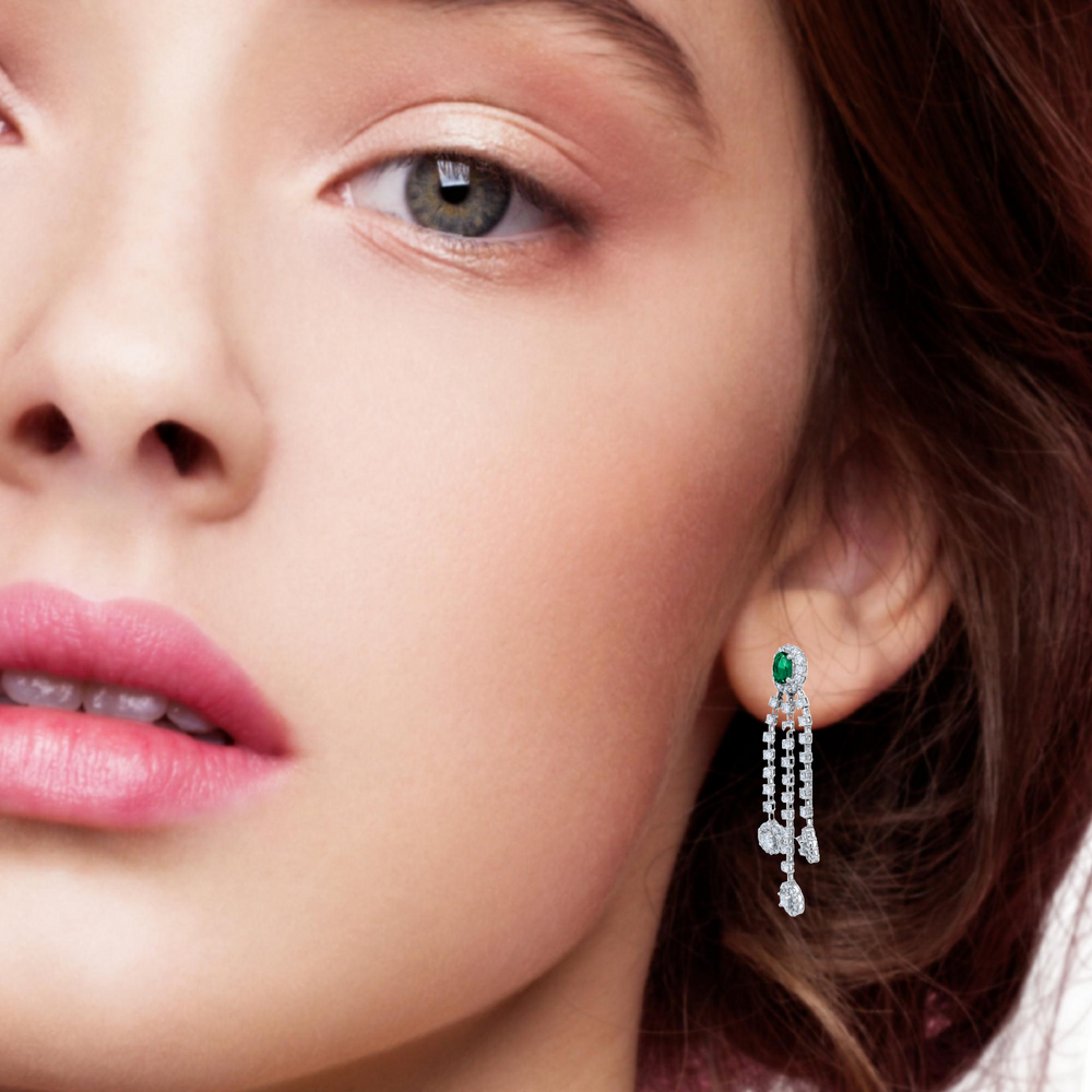 14K White Gold Emerald & Diamond Oval Cut Tassel Dangle Earrings