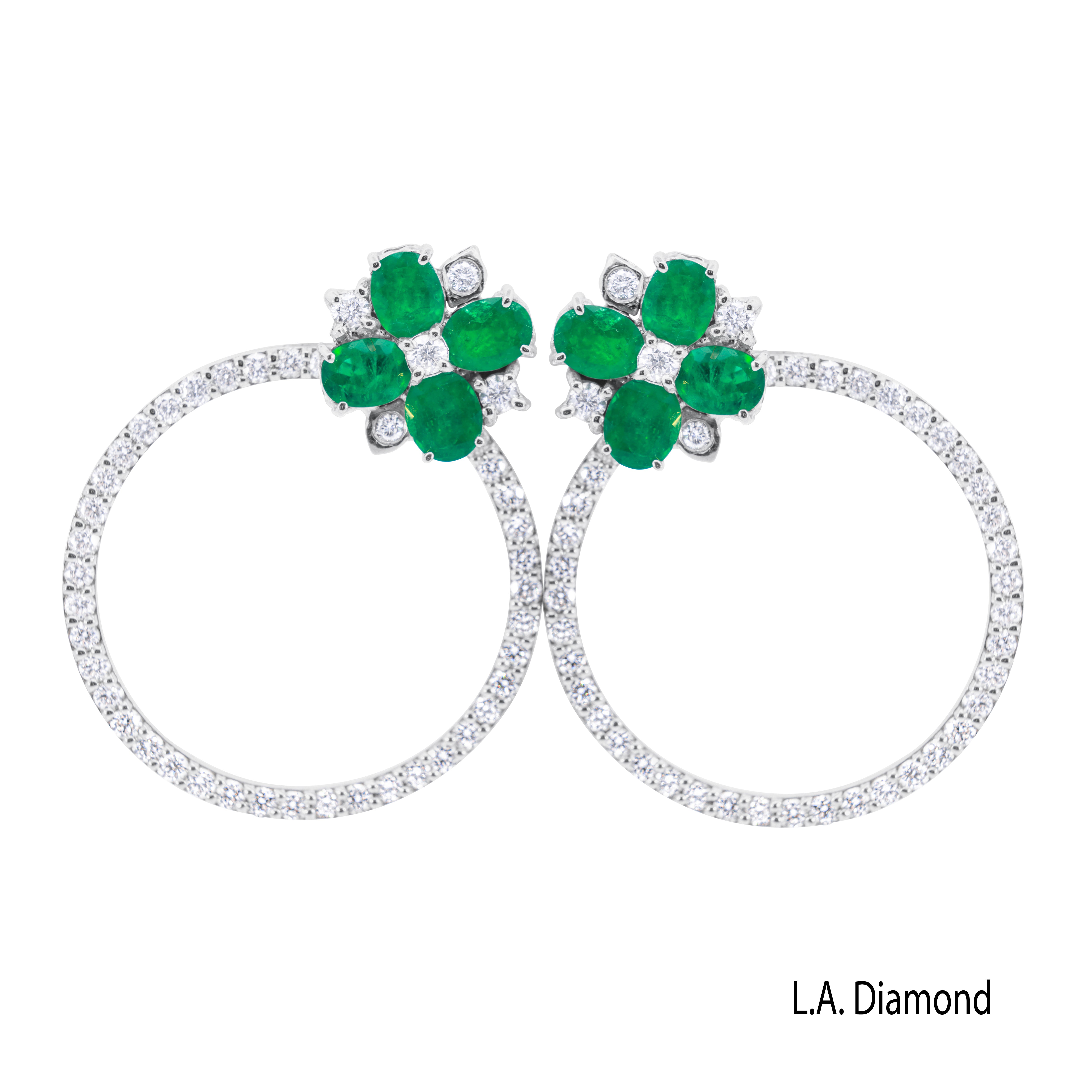 14K White Gold Emerald Flower with Diamond Circle Stud Earrings