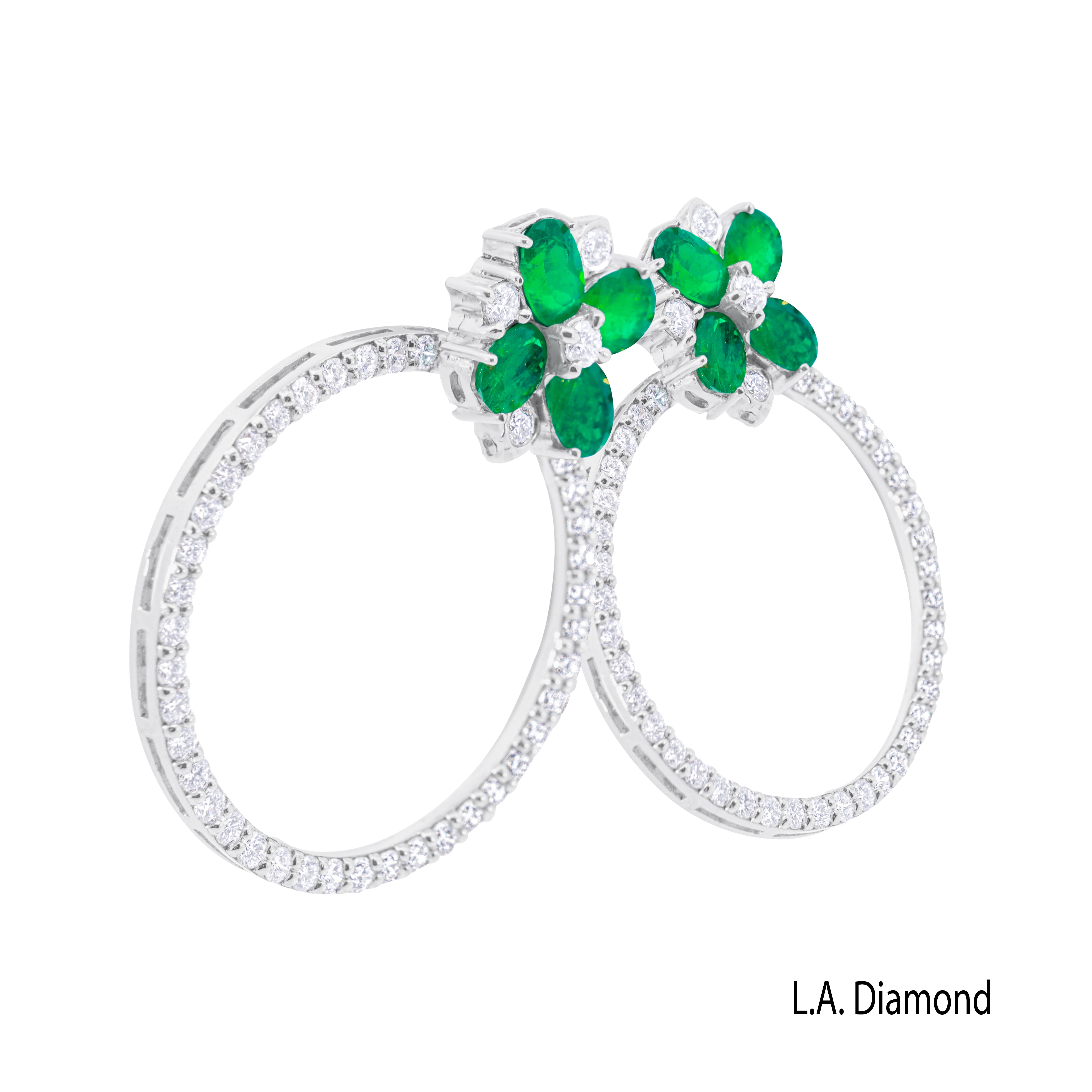 14K White Gold Emerald Flower with Diamond Circle Stud Earrings