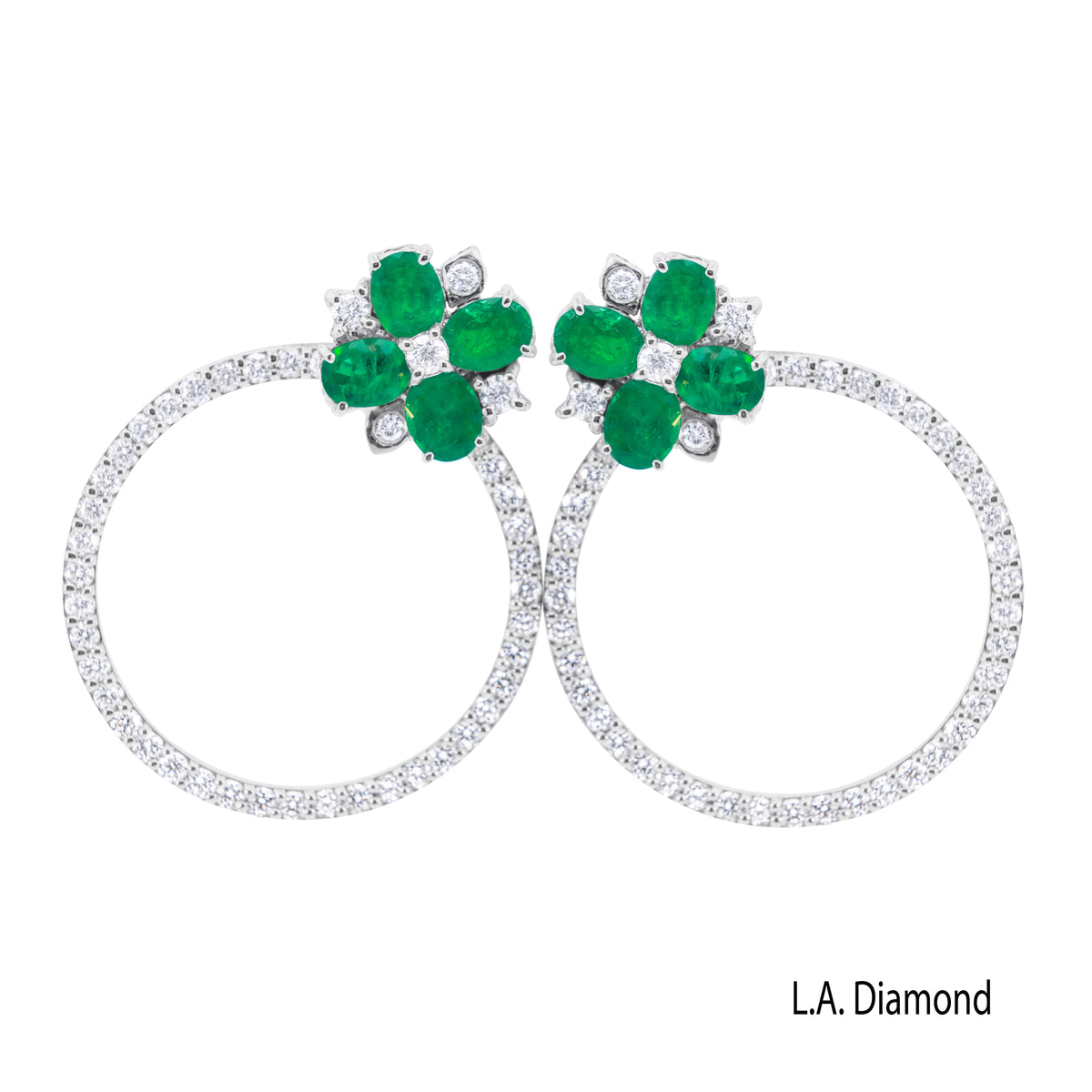 14K White Gold Emerald Flower with Diamond Circle Stud Earrings