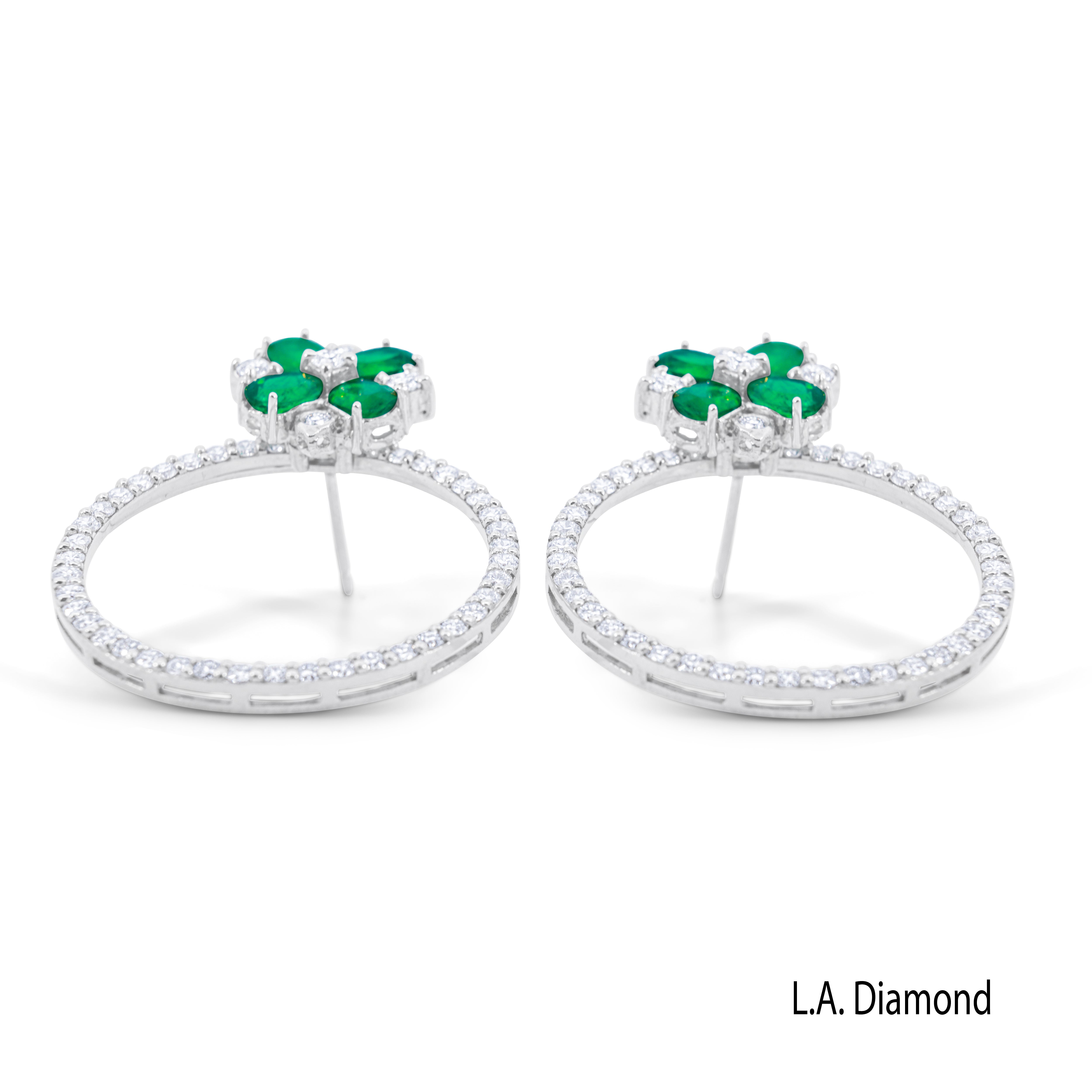 14K White Gold Emerald Flower with Diamond Circle Stud Earrings