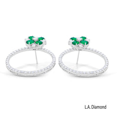 14K White Gold Emerald Flower with Diamond Circle Stud Earrings
