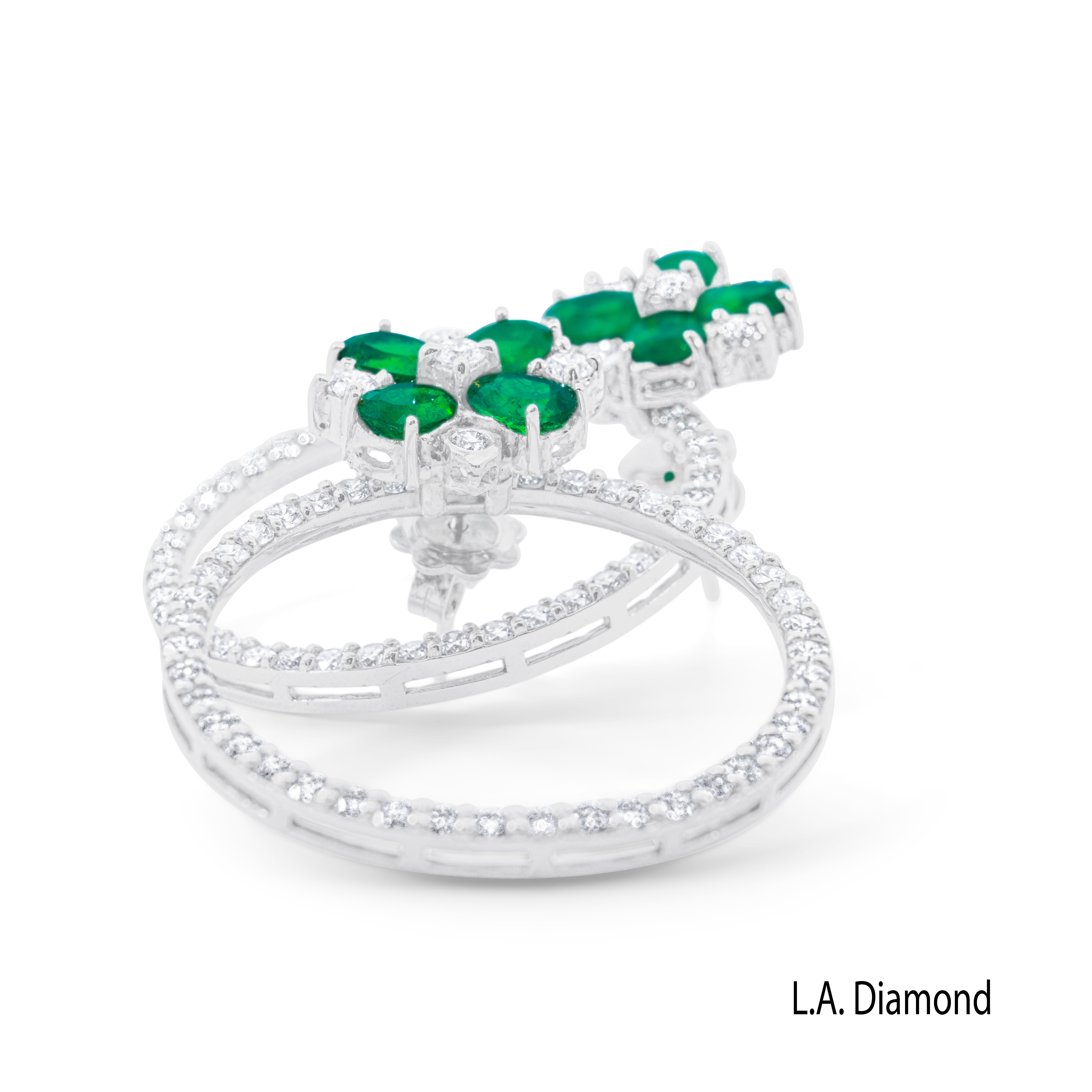14K White Gold Emerald Flower with Diamond Circle Stud Earrings