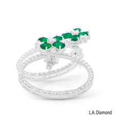 14K White Gold Emerald Flower with Diamond Circle Stud Earrings