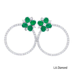 14K White Gold Emerald Flower with Diamond Circle Stud Earrings