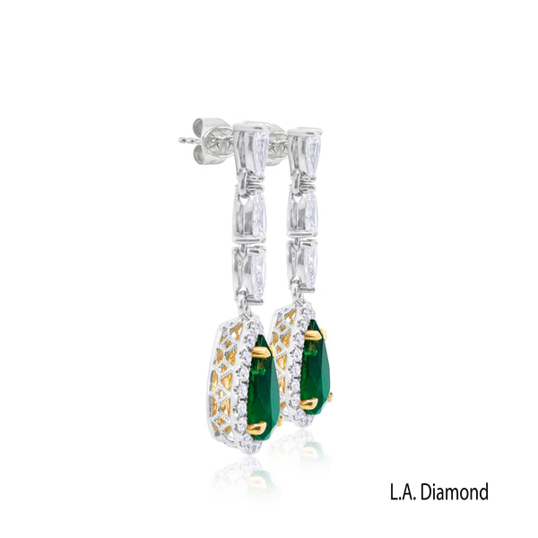 14K White Gold Emerald and Diamond Pear Drop Earrings