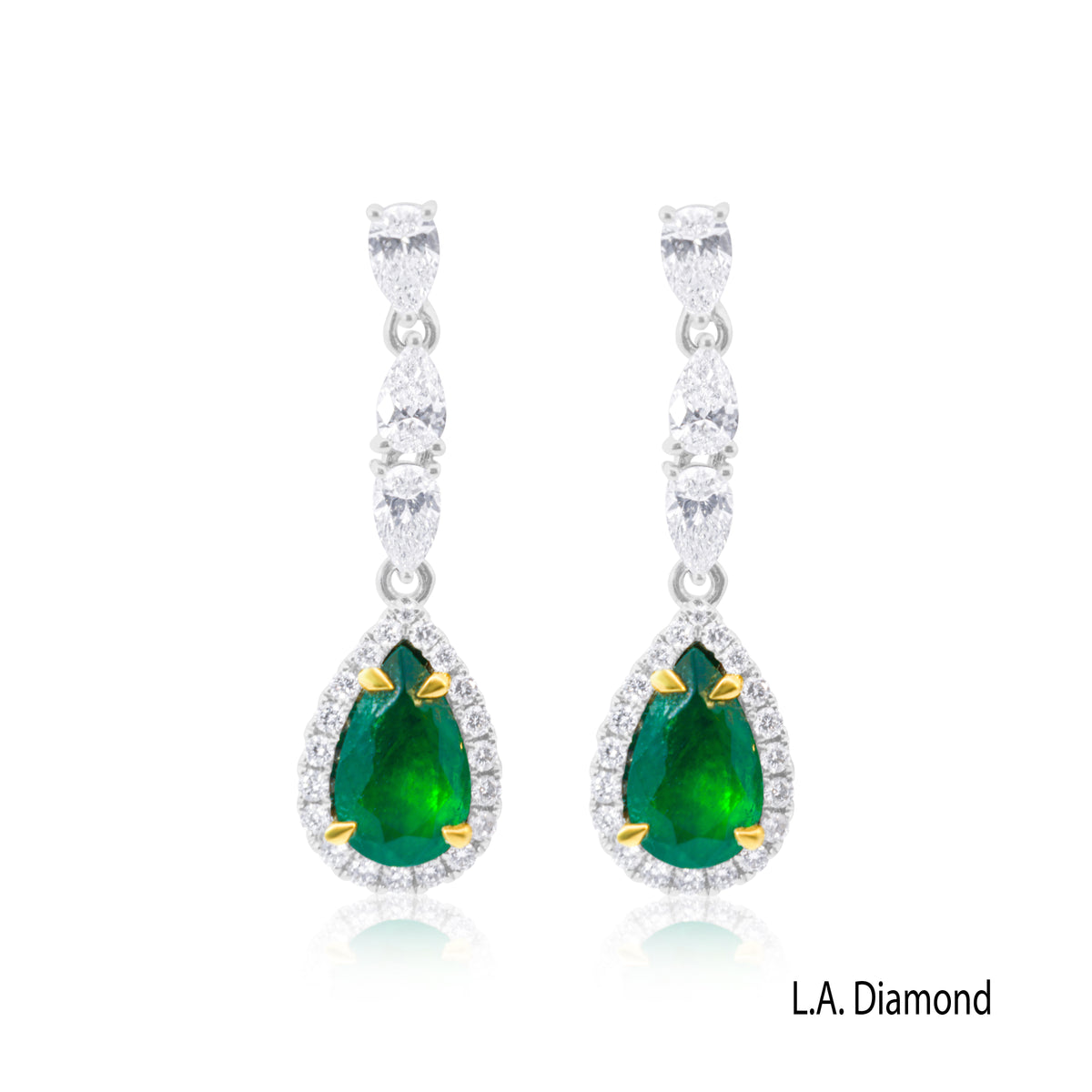14K White Gold Emerald and Diamond Pear Drop Earrings