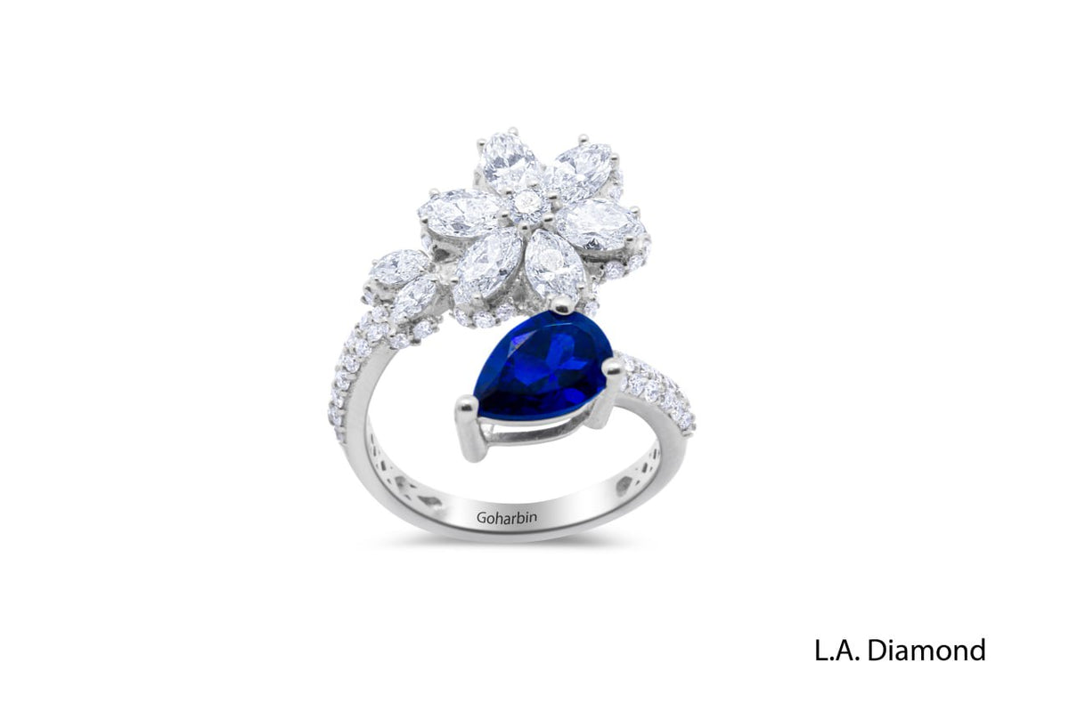 14K White Gold Fancy Diamond & Sapphire Open Ring