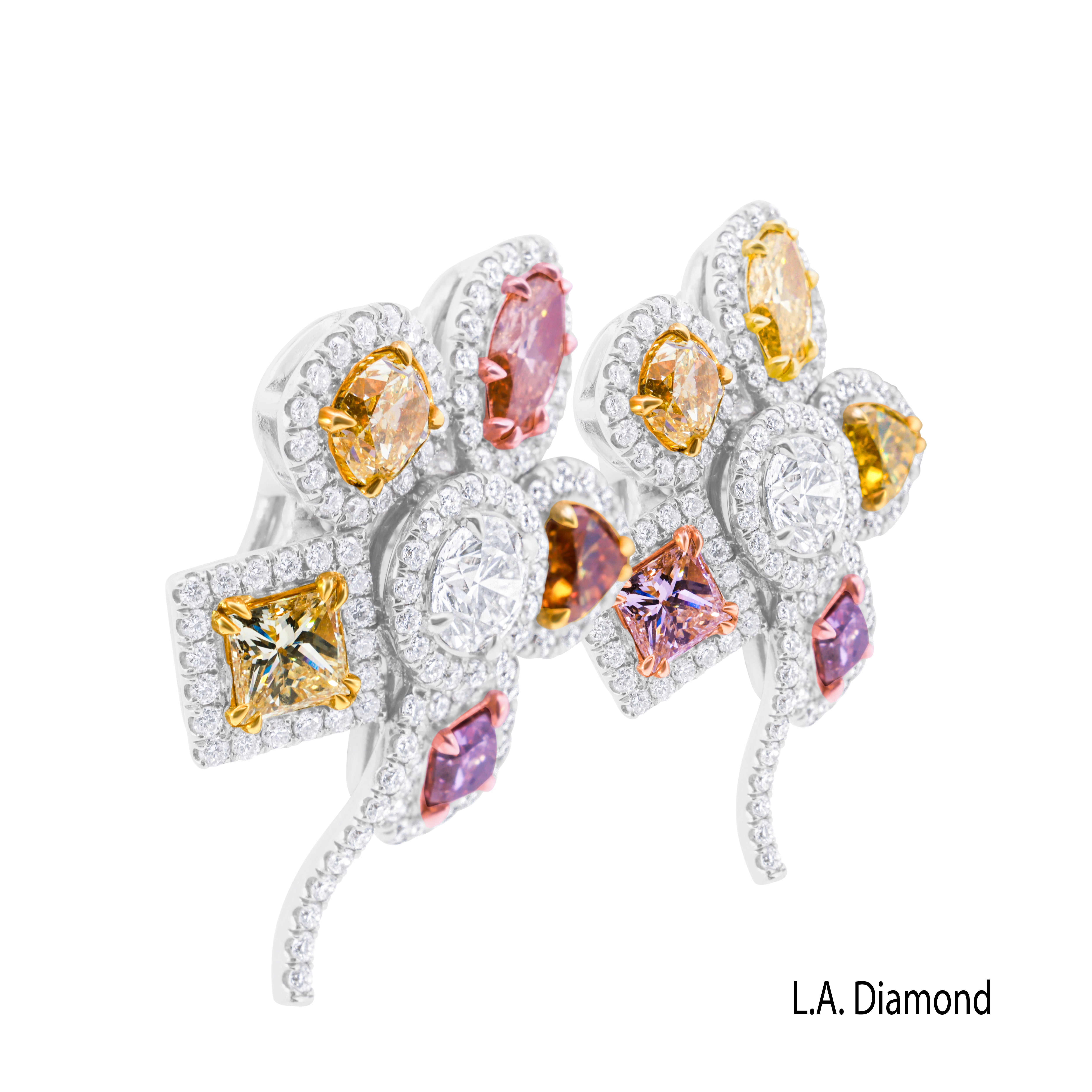 14K White Gold Flower Diamond Multi-Color Stud Earrings