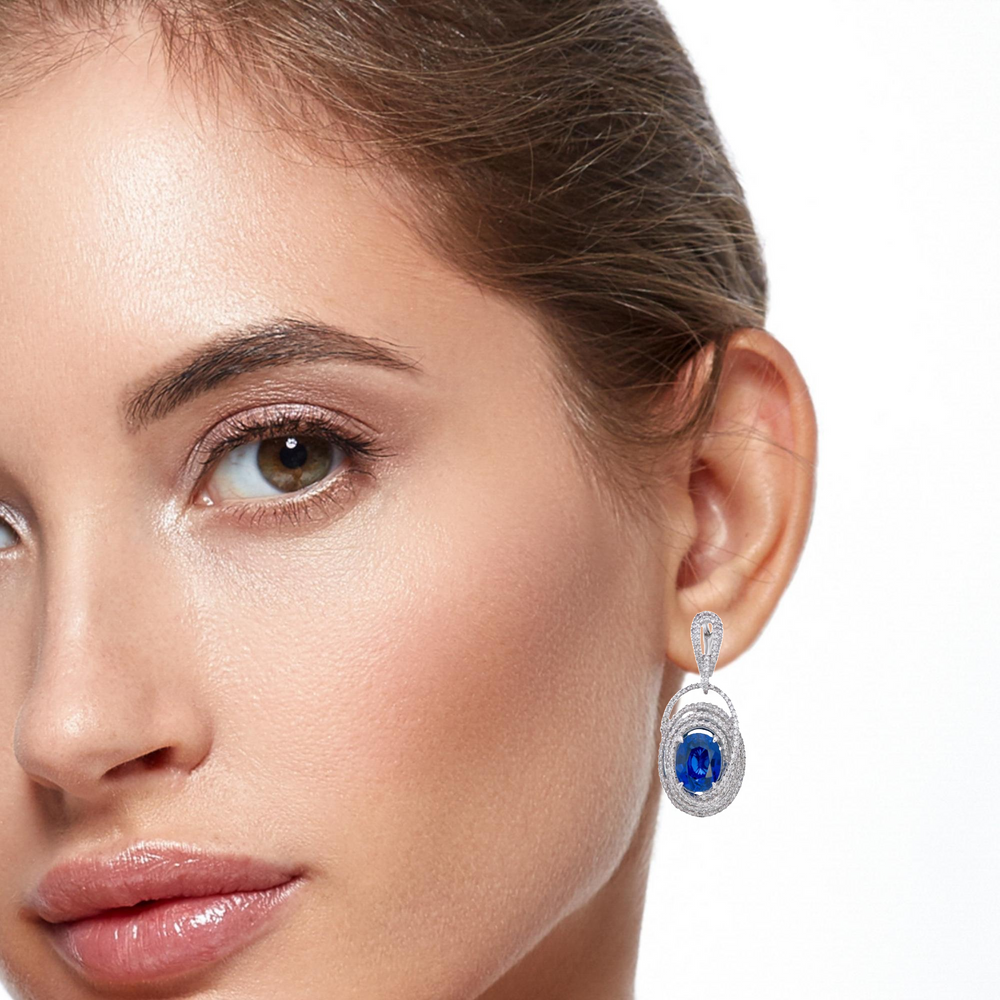 14K White Gold Oval-Shaped Blue Sapphire and Diamond Drop Earrings