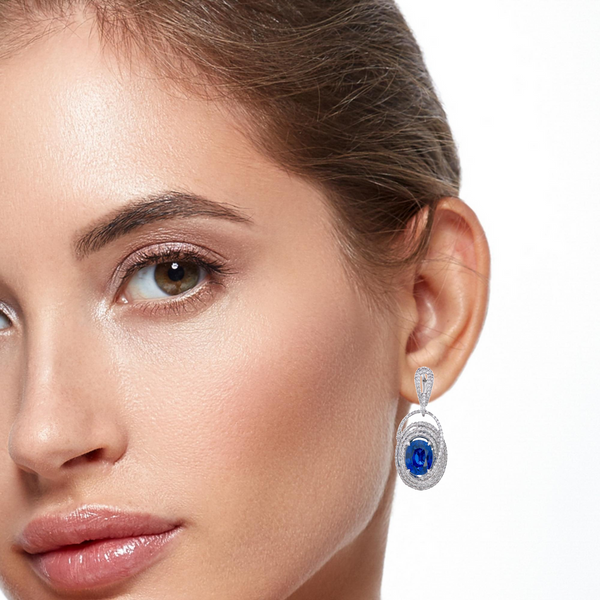 14K White Gold Oval-Shaped Blue Sapphire and Diamond Drop Earrings