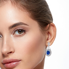 14K White Gold Oval-Shaped Blue Sapphire and Diamond Drop Earrings