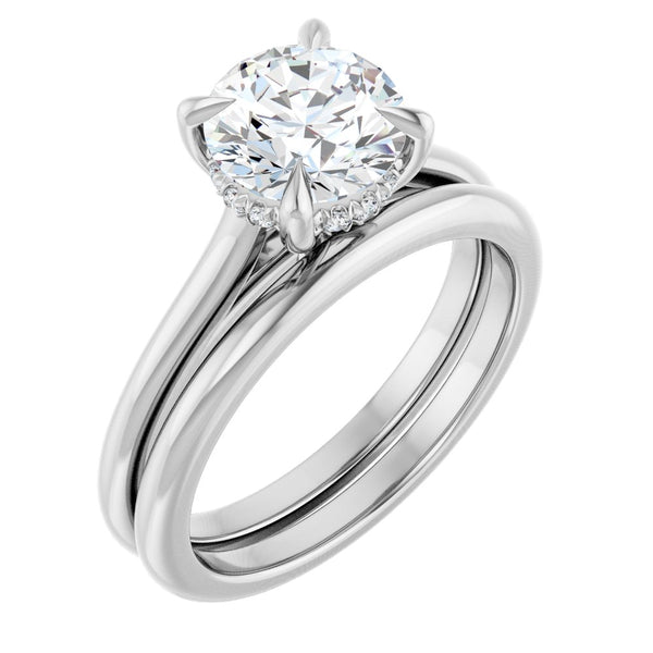 14K White Gold Round Brilliant Cut Solitaire Diamond Engagement Ring with Hidden Halo