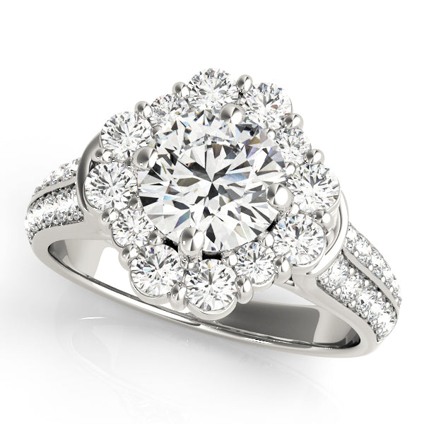 14K White Gold Round Cut Diamond Halo Flower Engagement Bridal Ring Set