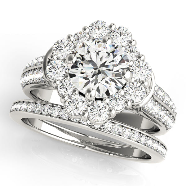 14K White Gold Round Cut Diamond Halo Flower Engagement Bridal Ring Set