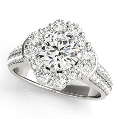 14K White Gold Round Cut Diamond Halo Flower Engagement Bridal Ring Set