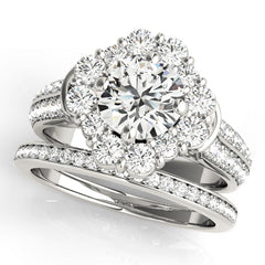 14K White Gold Round Cut Diamond Halo Flower Engagement Bridal Ring Set