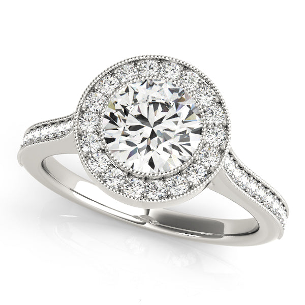 14K White Gold Round Halo Engagement Ring with Milgrain Details