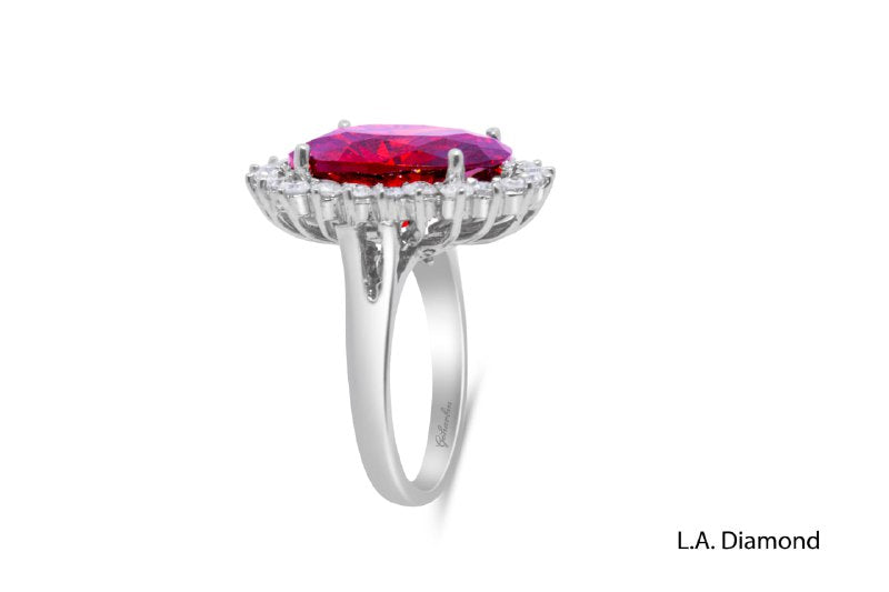 14K White Gold Ruby & Diamond Halo Ring