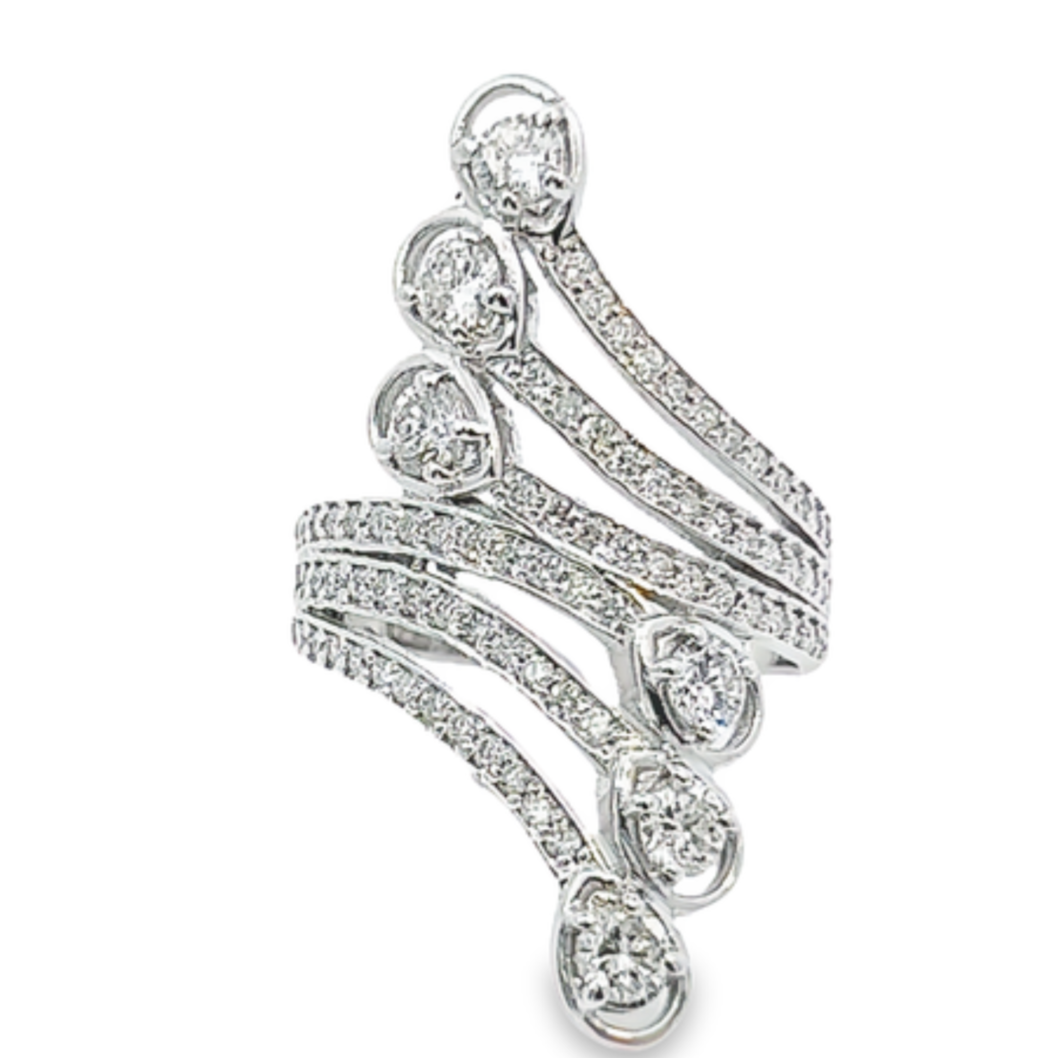 14K White Gold Twisted Ring with Round & Pear Diamonds (0.87 ct)
