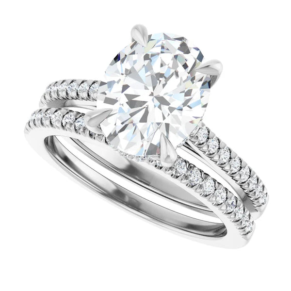 Oval Cut Solitaire Diamond With Hidden Bezel Setting and Pave Wedding Set - Set on 14k Gold