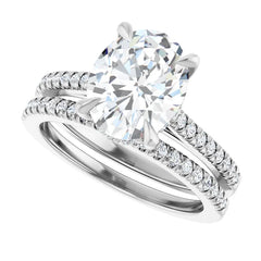 Oval Cut Solitaire Diamond With Hidden Bezel Setting and Pave Wedding Set - Set on 14k Gold