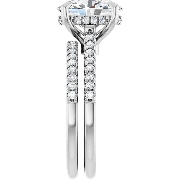 Oval Cut Solitaire Diamond With Hidden Bezel Setting and Pave Wedding Set - Set on 14k Gold