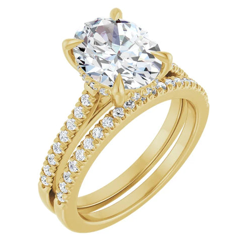 Oval Cut Solitaire Diamond With Hidden Bezel Setting and Pave Wedding Set - Set on 14k Gold - SAW10023
