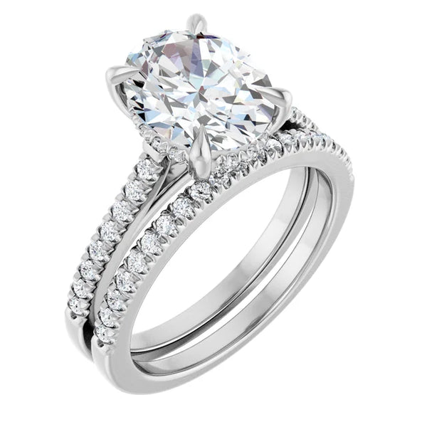 Oval Cut Solitaire Diamond With Hidden Bezel Setting and Pave Wedding Set - Set on 14k Gold