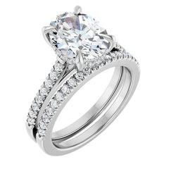 Oval Cut Solitaire Diamond With Hidden Bezel Setting and Pave Wedding Set - Set on 14k Gold
