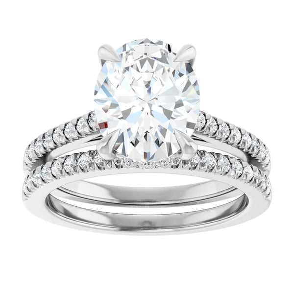Oval Cut Solitaire Diamond With Hidden Bezel Setting and Pave Wedding Set - Set on 14k Gold