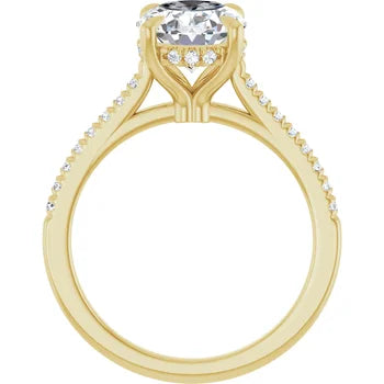 Oval Cut Solitaire Diamond With Hidden Bezel Setting and Pave Wedding Set - Set on 14k Gold
