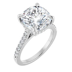 Cushion Cut Solitaire Diamond Pavé Engagement Ring - Set in 14k Gold
