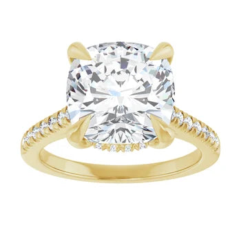 Cushion Cut Solitaire Diamond Pavé Engagement Ring - Set in 14k Gold