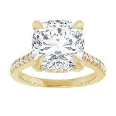 Cushion Cut Solitaire Diamond Pavé Engagement Ring - Set in 14k Gold