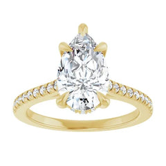 Pear Cut Solitaire Diamond with Hidden Halo with Matching Pave Wedding Band Set on 14k Gold