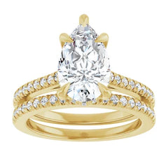 Pear Cut Solitaire Diamond with Hidden Halo with Matching Pave Wedding Band Set on 14k Gold