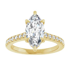 Marquise Cut Solitaire Diamond Pavé Engagement Ring with Hidden Halo and Matching Band - Set in 14k Gold