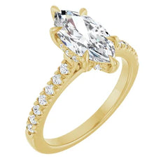 Marquise Cut Solitaire Diamond Pavé Engagement Ring with Hidden Halo and Matching Band - Set in 14k Gold