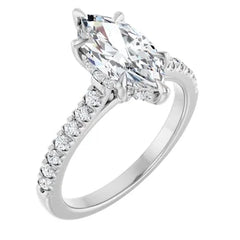 Marquise Cut Solitaire Diamond Pavé Engagement Ring with Hidden Halo and Matching Band - Set in 14k Gold