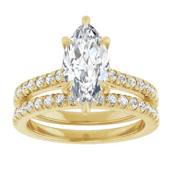 Marquise Cut Solitaire Diamond Pavé Engagement Ring with Hidden Halo and Matching Band - Set in 14k Gold