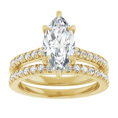 Marquise Cut Solitaire Diamond Pavé Engagement Ring with Hidden Halo and Matching Band - Set in 14k Gold