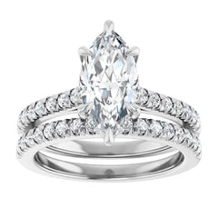 Marquise Cut Solitaire Diamond Pavé Engagement Ring with Hidden Halo and Matching Band - Set in 14k Gold