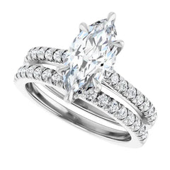Marquise Cut Solitaire Diamond Pavé Engagement Ring with Hidden Halo and Matching Band - Set in 14k Gold