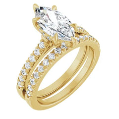 Marquise Cut Solitaire Diamond Pavé Engagement Ring with Hidden Halo and Matching Band - Set in 14k Gold