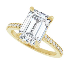 Emerald Cut Solitaire Diamond Pavé Engagement Ring with Hidden Halo - Set in 14k Gold