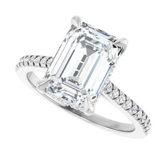 Emerald Cut Solitaire Diamond Pavé Engagement Ring with Hidden Halo - Set in 14k Gold